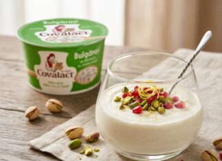 Mousse fin din cottage cheese cu fistic și rodie servit în pahar de sticlă stil minimalist