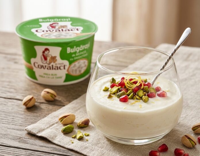 Mousse fin din cottage cheese cu fistic și rodie servit în pahar de sticlă stil minimalist